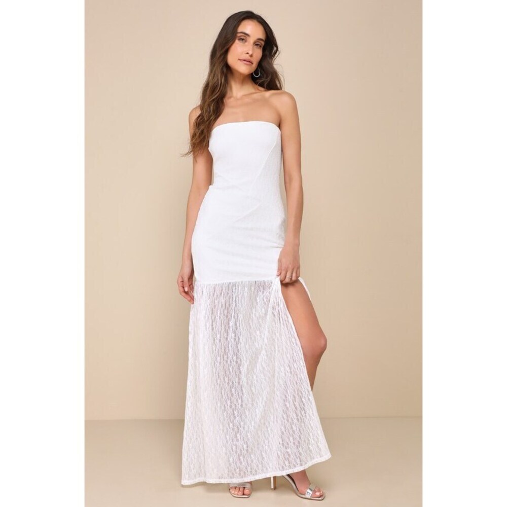 Lulus Dreamy Sunsets Ivory Lace Strapless Midi Dress White - Size L